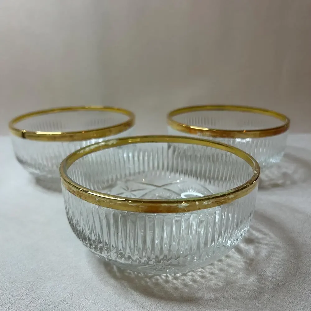 Vintage Italian Blown Crystal Dessert Bowls 24K Gold Trim - Set of 3